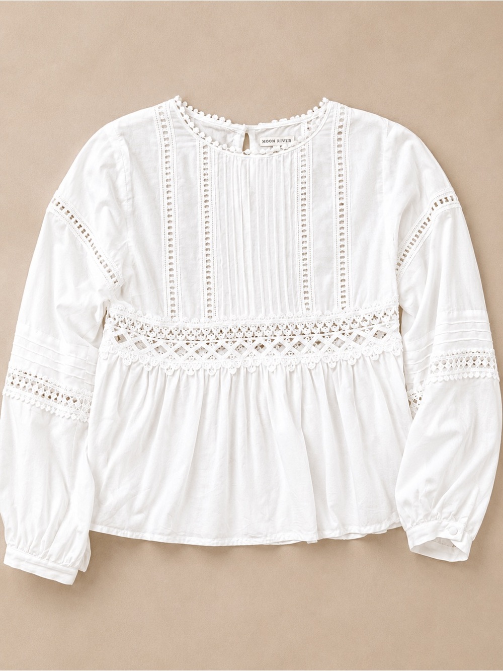 Moon River White Lace-Trim Pintuck Peasant Top